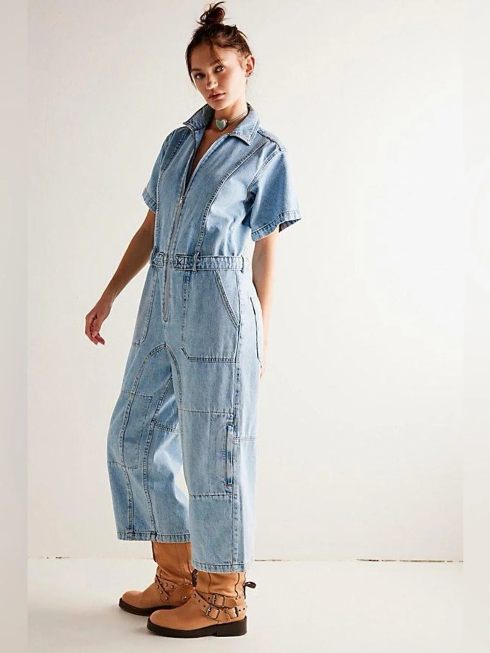 Free People We The Free On The Run Cropped Coverall in Light Wash Size Large